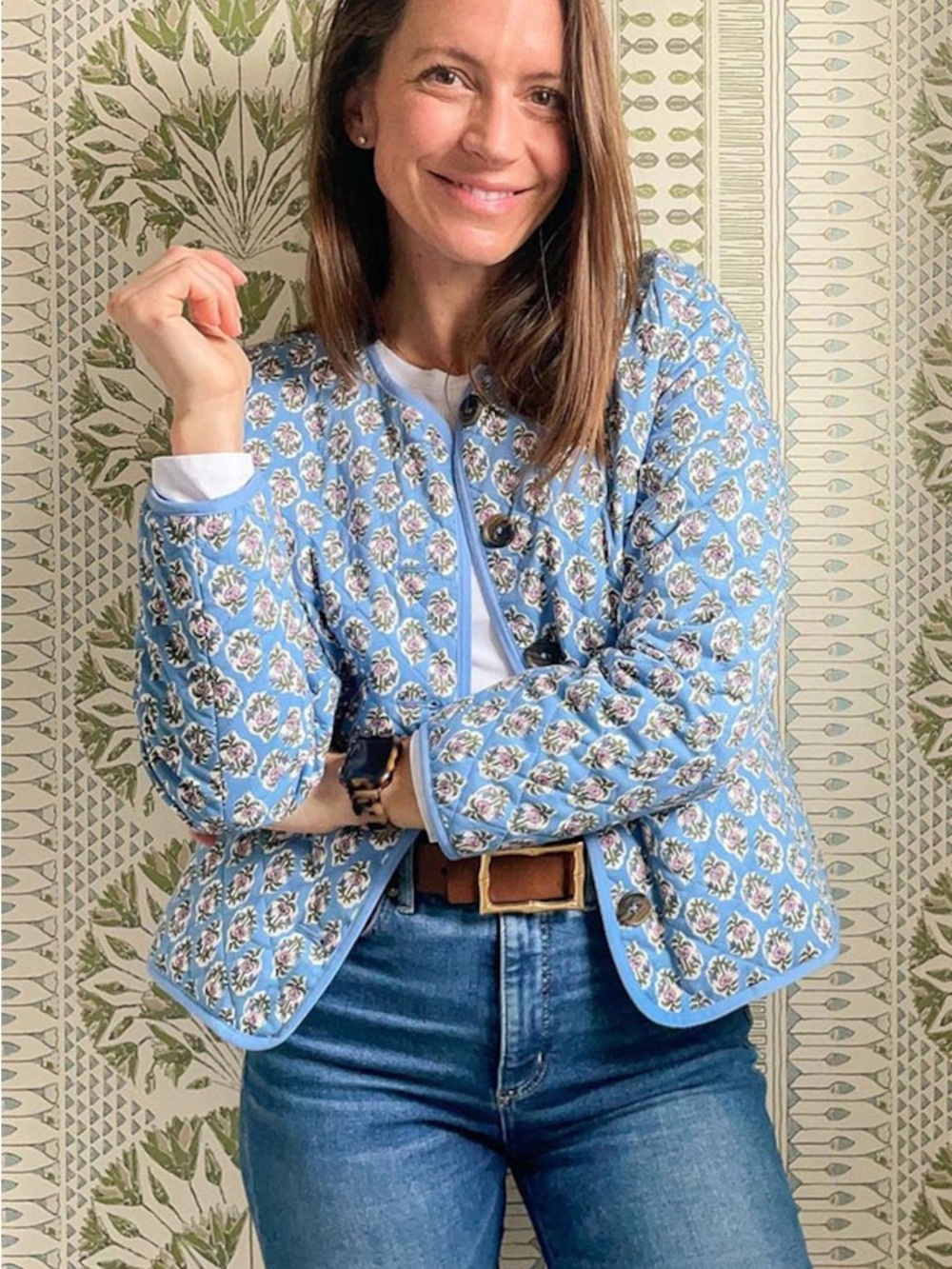 J. Crew Block-Print Quilted Jacket Quiet Harbor Bright Pep Floral Print Blue 6